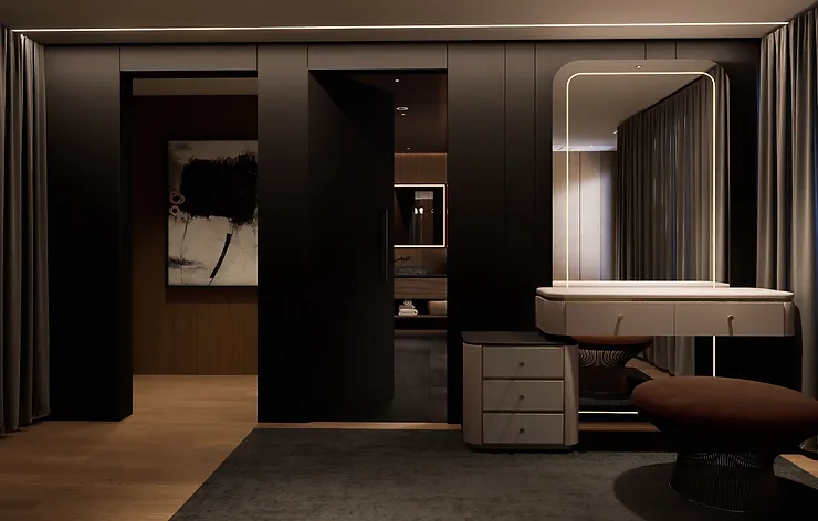 Modern Master bedroom brown black and white