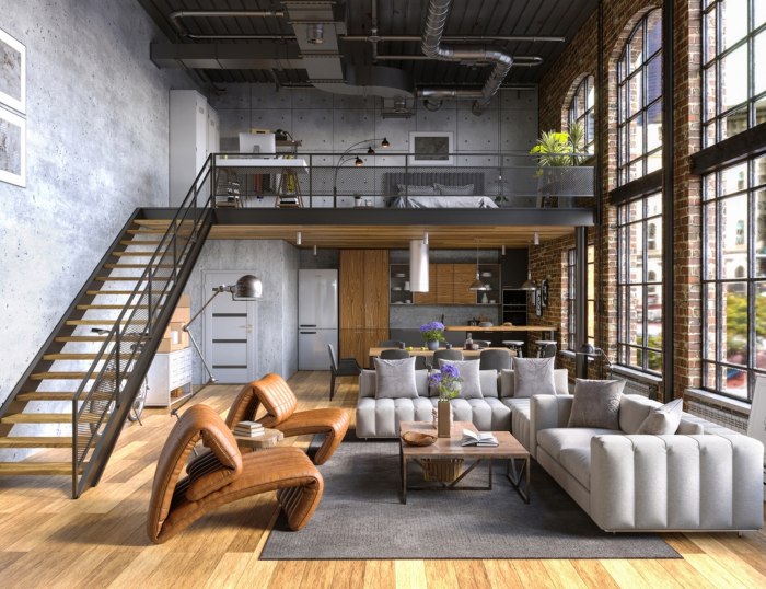 Industrial Style Loft Apartment with arch windows and indoor balcony