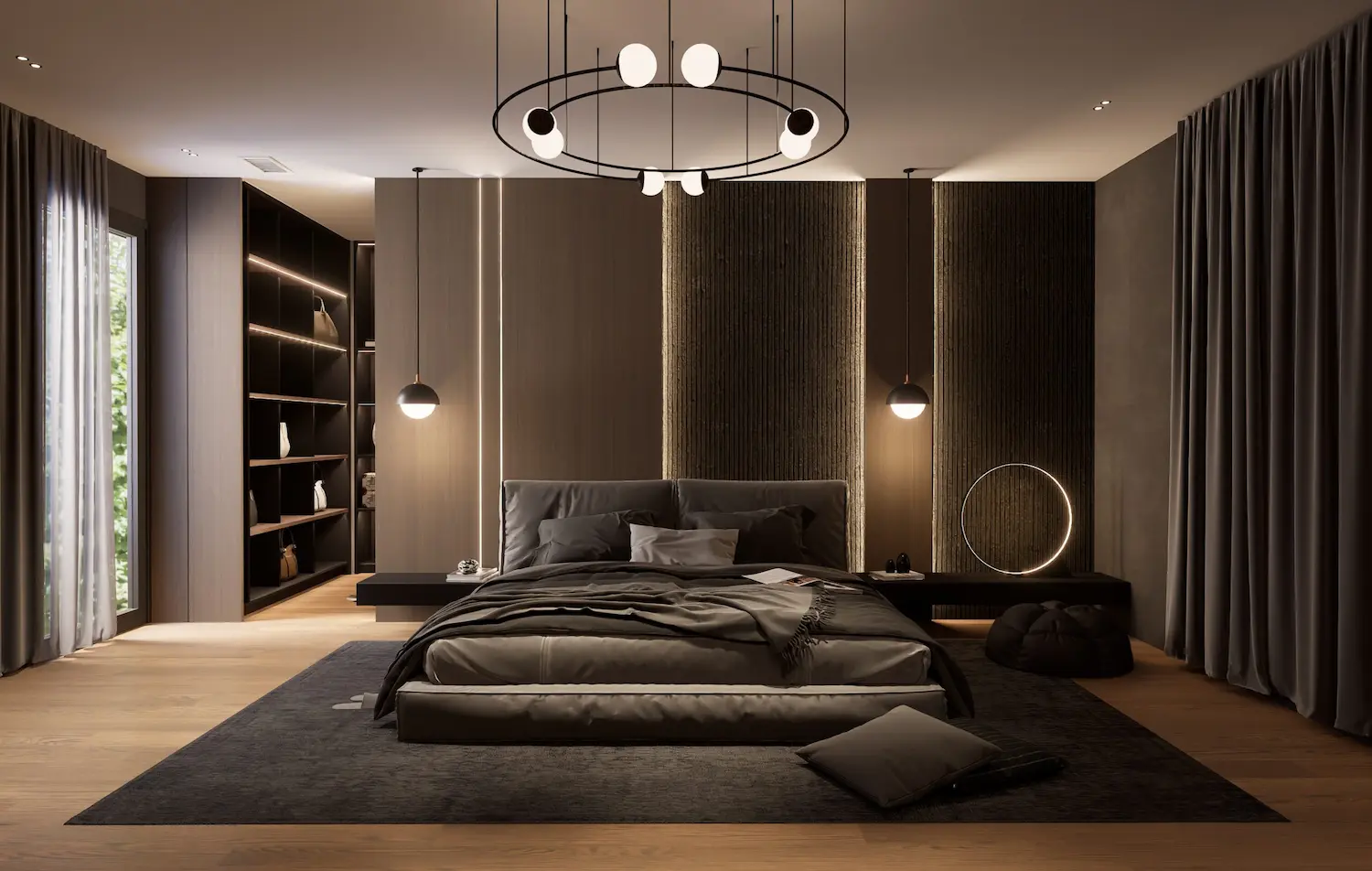 A moody, contemporary master bedroom featuring a low-profile platform bed, a textured wood-slat accent wall with integrated LED lighting, and a walk-in closet area. The room is styled with a circular minimalist chandelier, globe pendant lights, and dark charcoal linens on a large area rug.