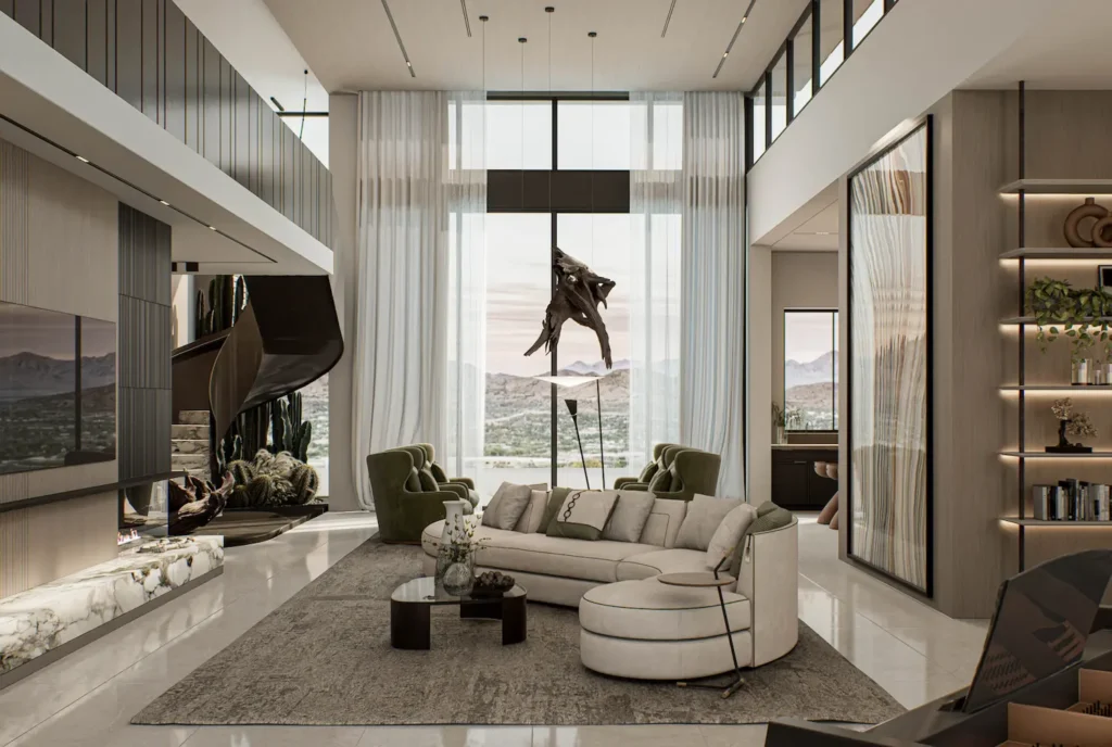 A grand, open-plan living room with double-height ceilings, a curved staircase, a modular cream sofa, and massive windows overlooking a mountain landscape.