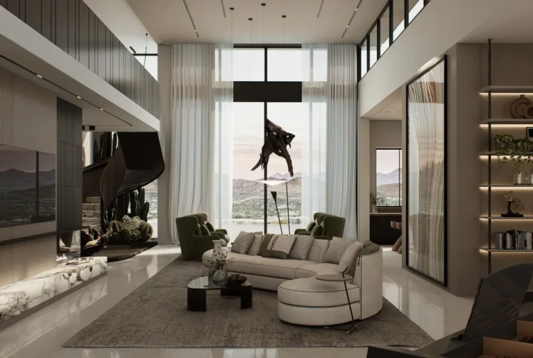 A grand, open-plan living room with double-height ceilings, a curved staircase, a modular cream sofa, and massive windows overlooking a mountain landscape.