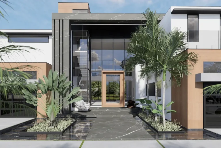 A contemporary two-story villa exterior featuring a grand glass entryway with a light wood frame, marble-textured accent walls, and a black marble reflection pool with tropical landscaping and palm trees.
