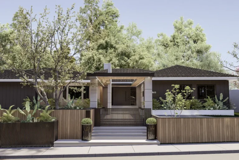 A professional 3D rendering of a modern single-story house with dark charcoal siding, a wood-paneled cantilevered porch roof, and a tiered front yard with wood slat fencing and lush tropical plants.